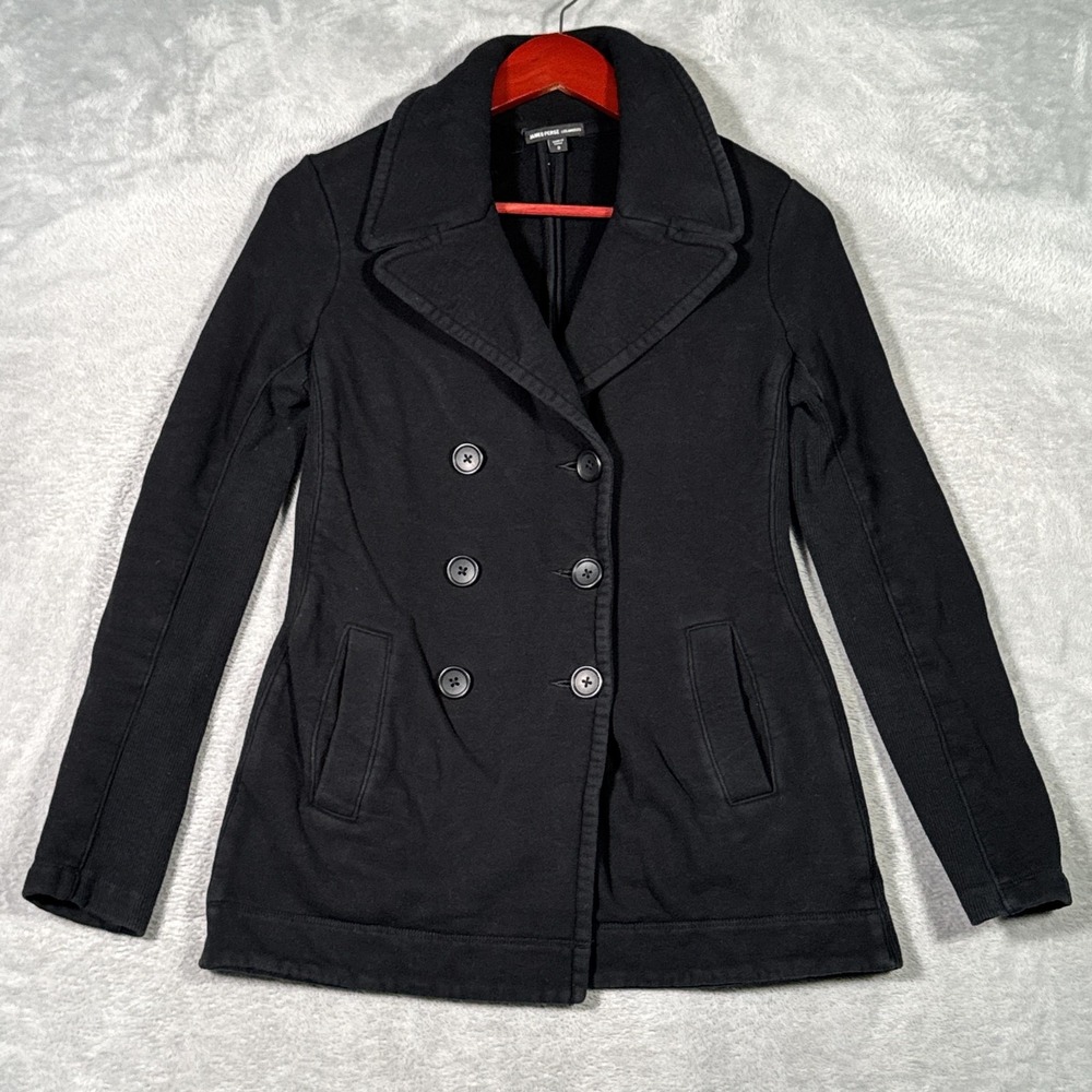 James Perse Coat Womens 2 S/M Black French Terry Pea Coat Double Breasted Short